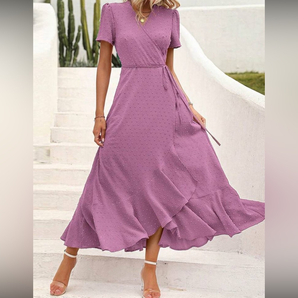 Elegant Purple Wrap Dress - Picture 2 of 7
